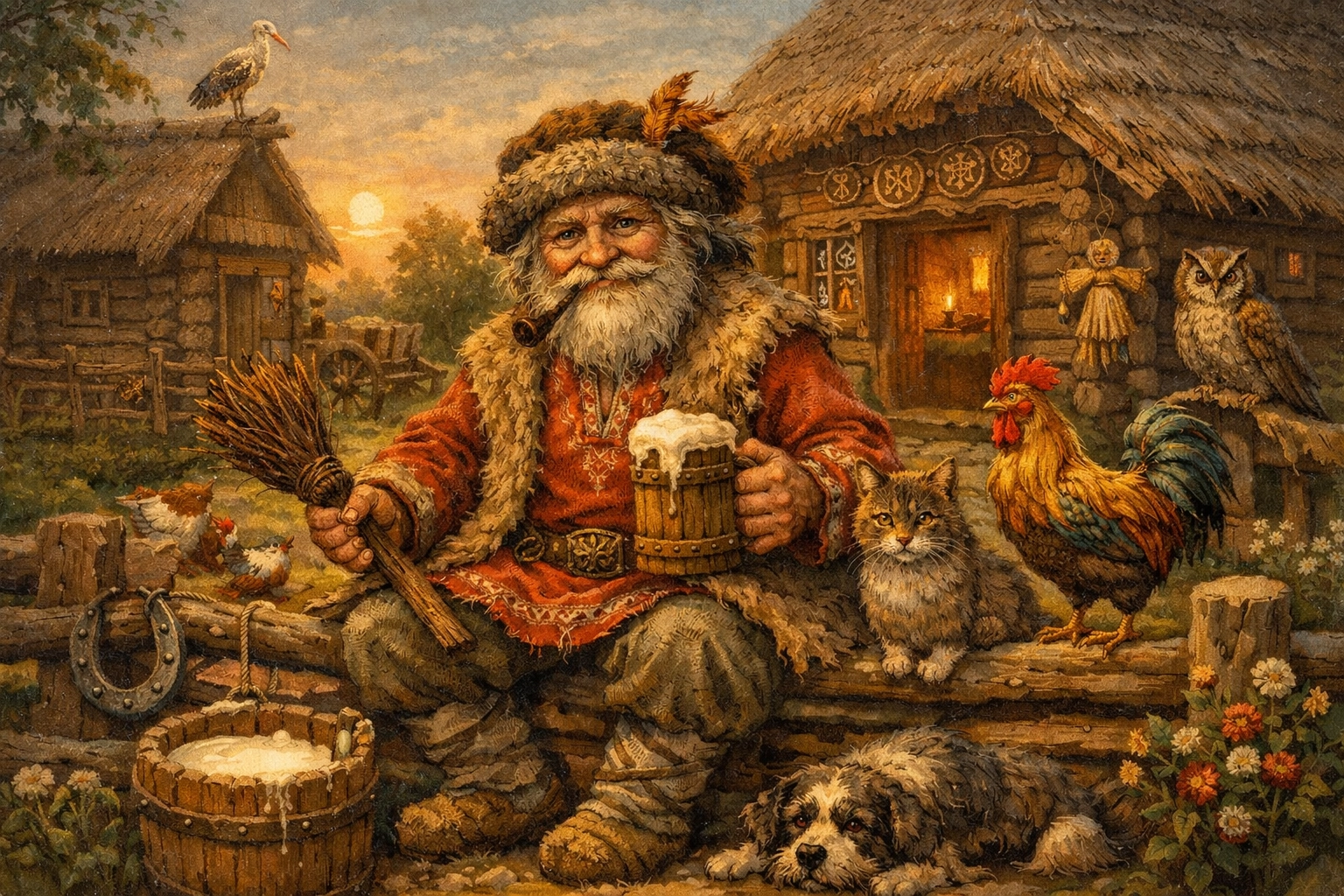 Дворовой дух у хлева ночью, северная деревня, зимний двор