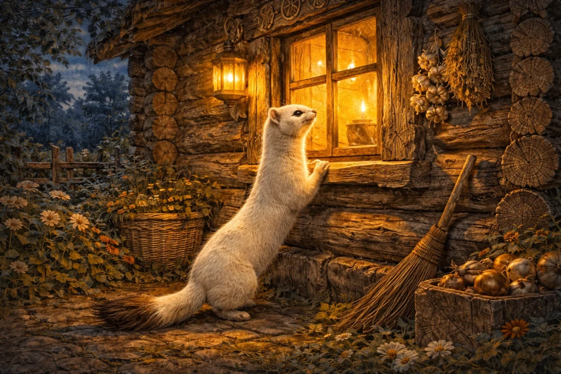 аска у овчарни — звериный облик Дворового, хранителя подворья