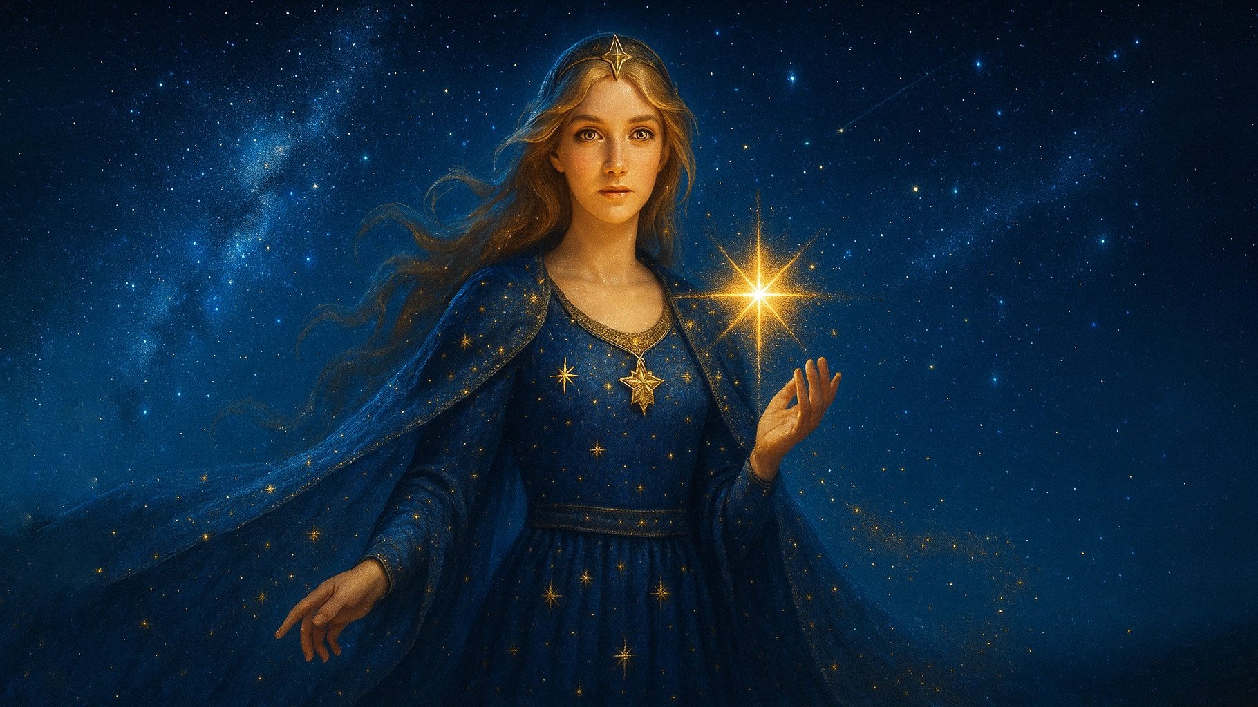 Богиня Тара в белых одеждах с обережными узорами среди священной рощи