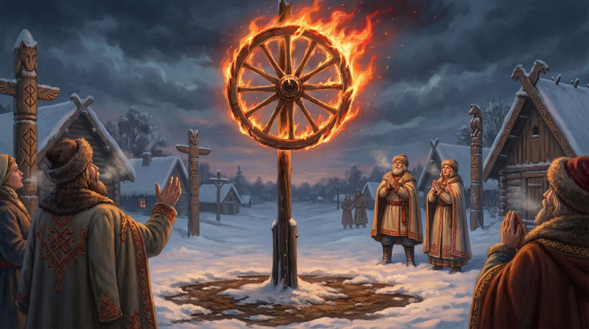 Огненное колесо как символ солнца: колесо на шесте, праздничный двор