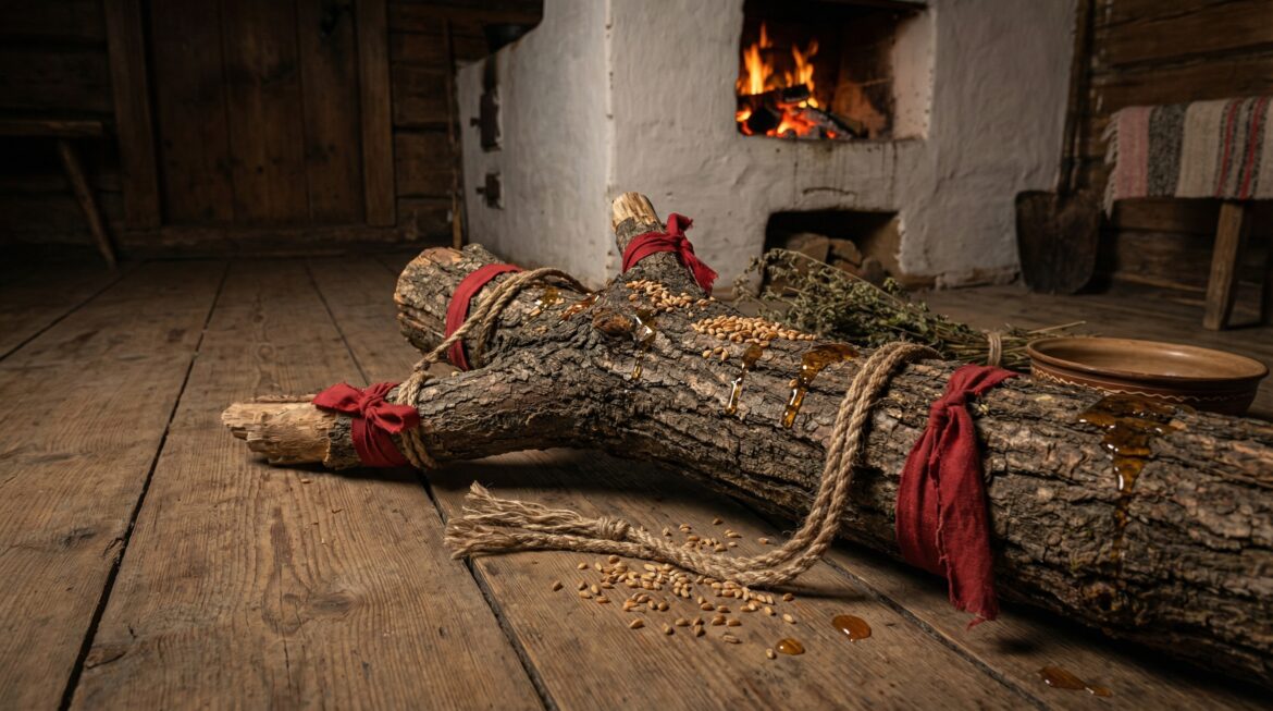 Бадняк для Коляды: полено с лентами и наузами у печи, подготовка к сожжению