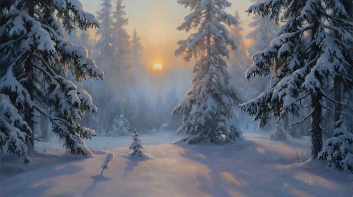 Рождение Молодого Солнца: рассвет над заснеженным лесом, символ Коляды