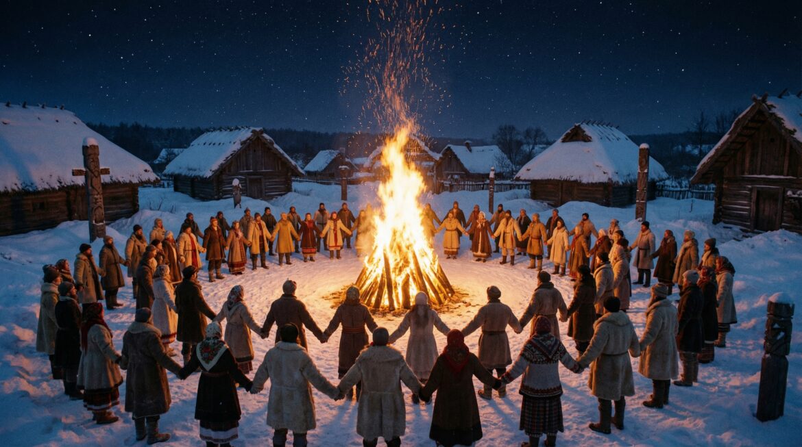 Праздник Коляды в зимней деревне: костёр и люди в кругу, ночь солнцеворота