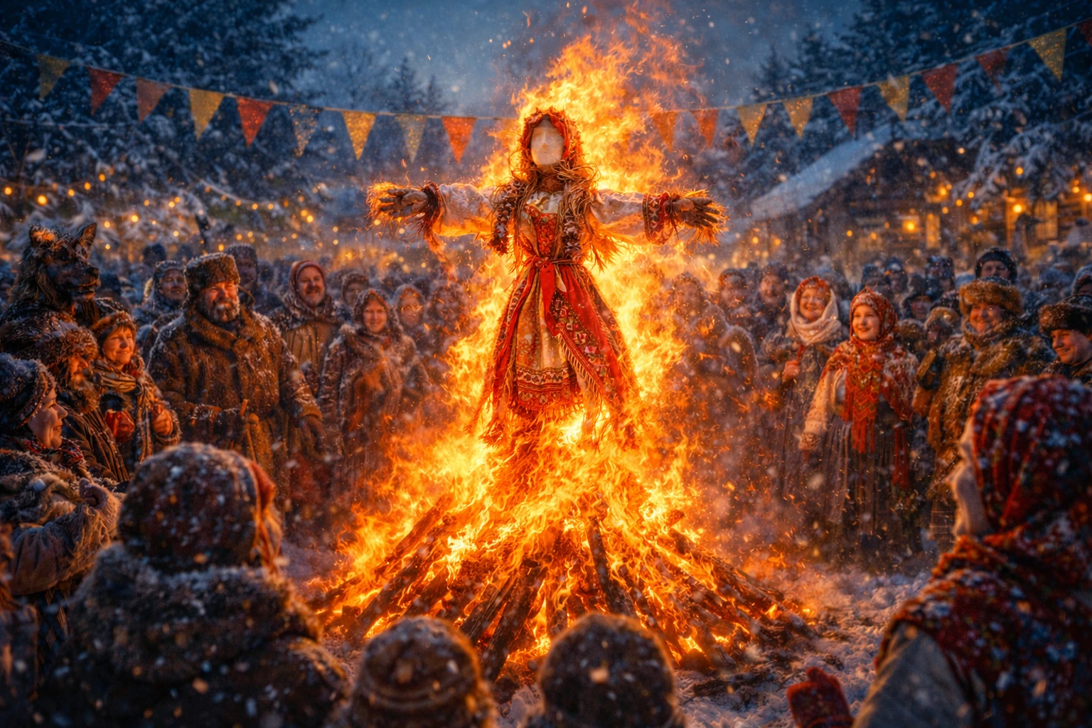 Сжигание чучела Марены на Комоедицу &mdash; прощание с зимой у большого костра