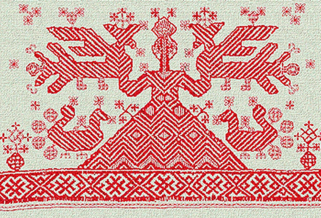 Традиционный узор богини Макошь с птицами Долей и Недолей на льняном полотне