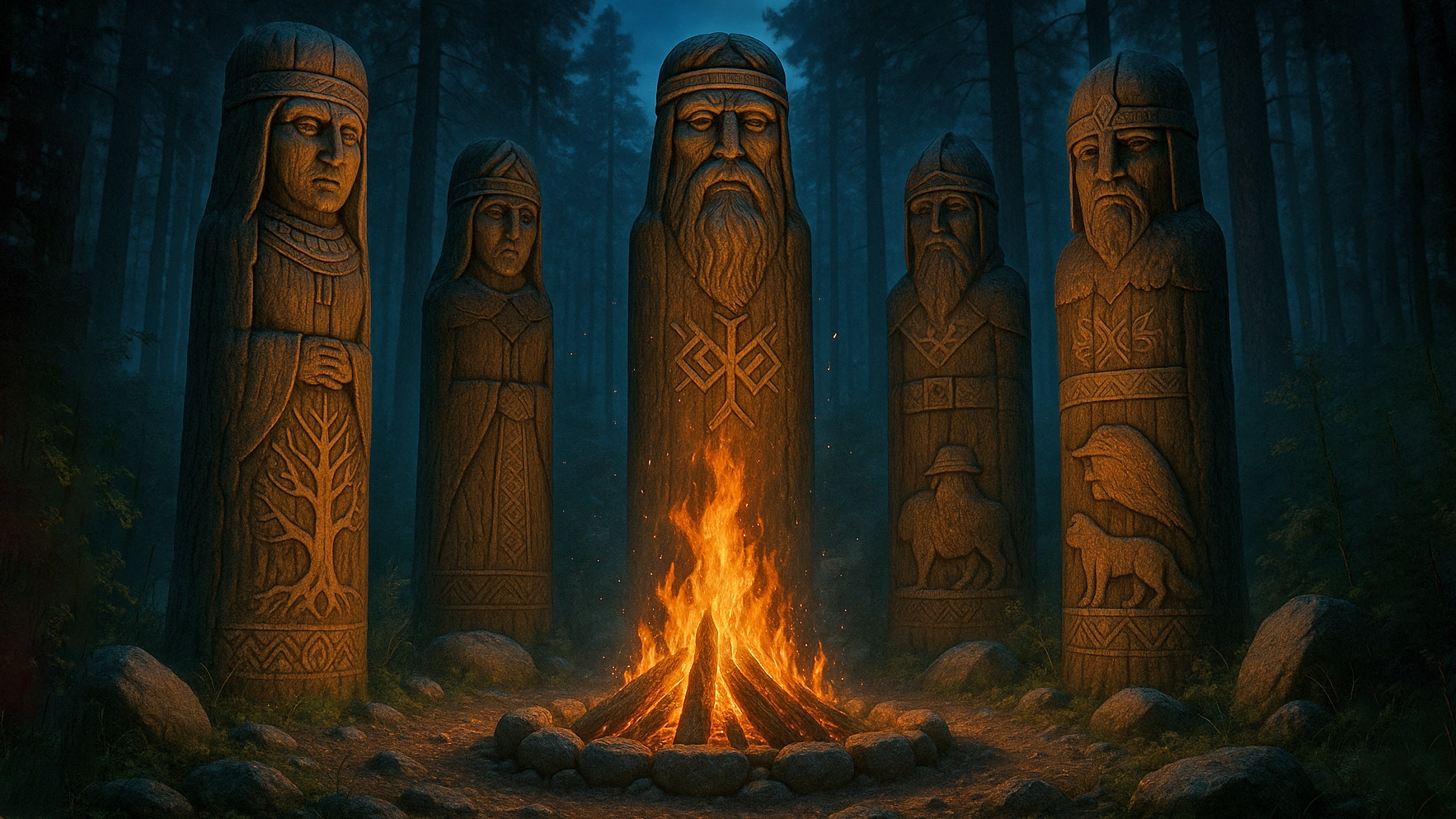 Древнее славянское капище на холме с идолами богов и священным огнем