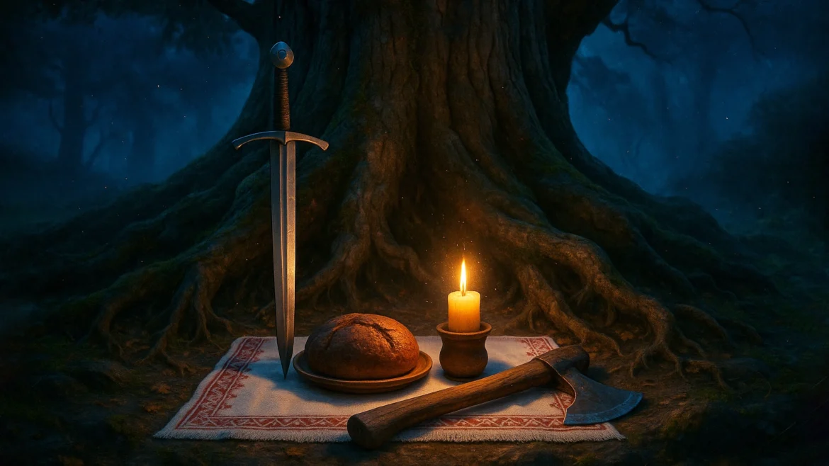 Священный дуб Перуна с подношениями у корней