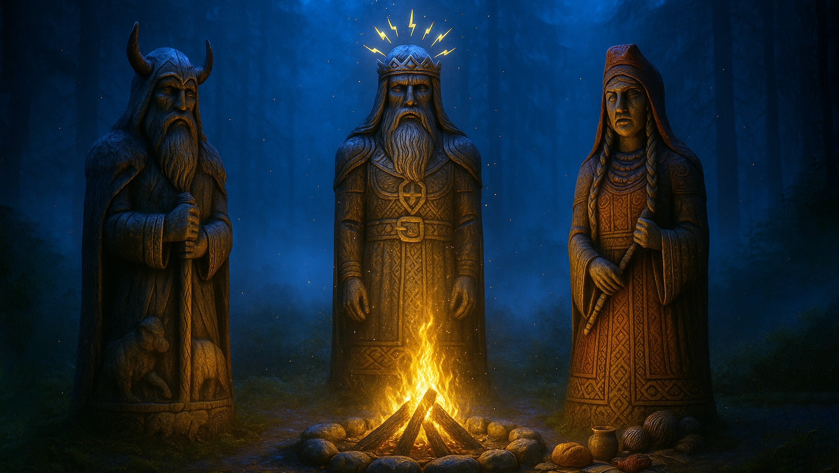 Древнеславянское капище с идолами главных богов - Перуна, Велеса и Мокоши