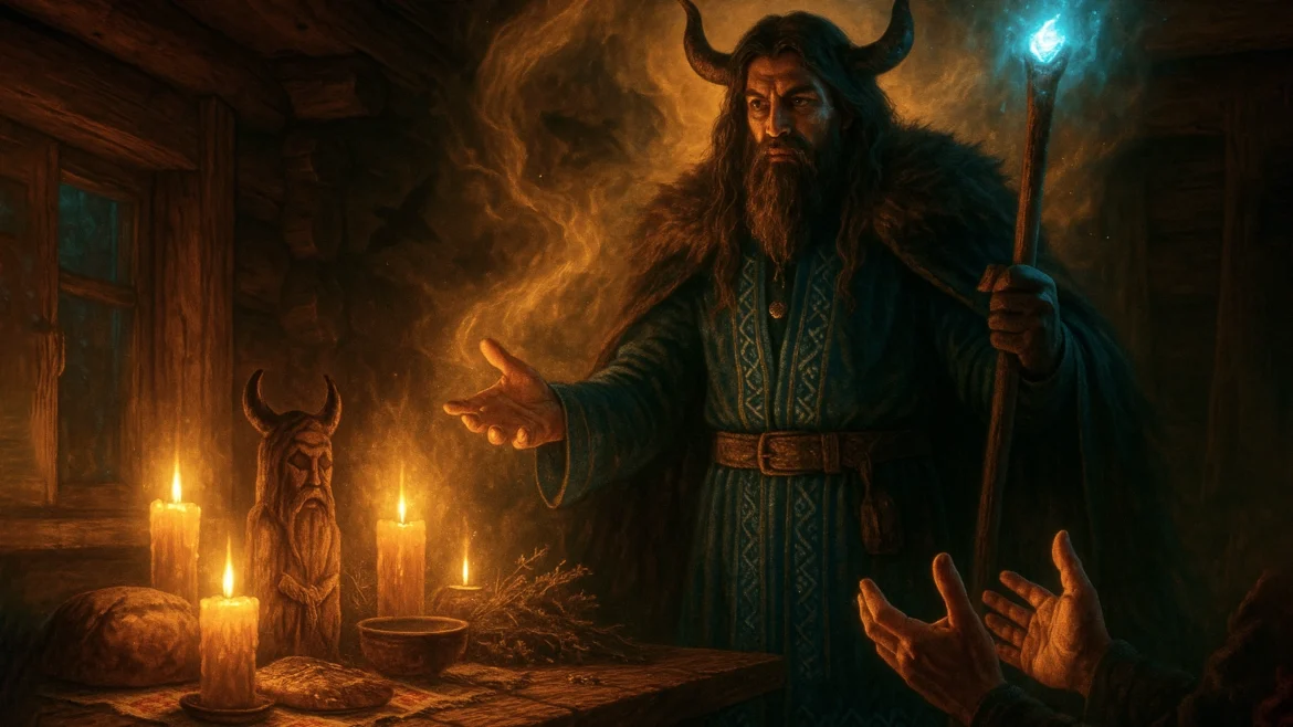 Домашний алтарь Велесу с подношениями и свечами