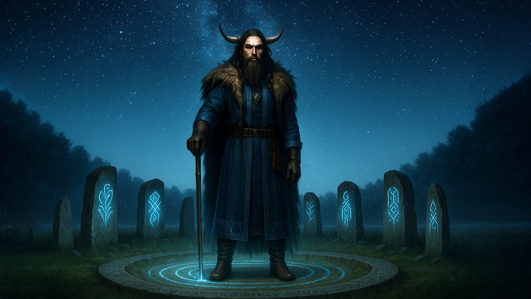 Древнее изображение Велеса с посохом и в рогатом венце