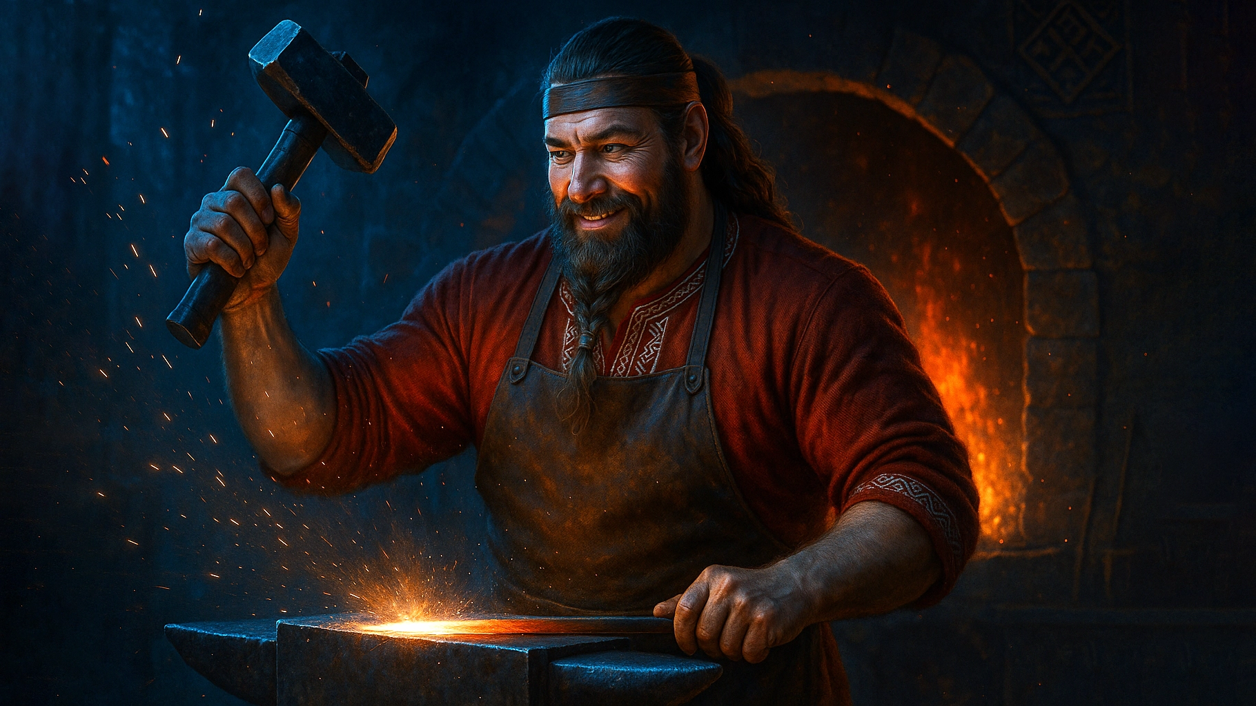 Древний славянский бог Сварог в образе кузнеца у небесной наковальни