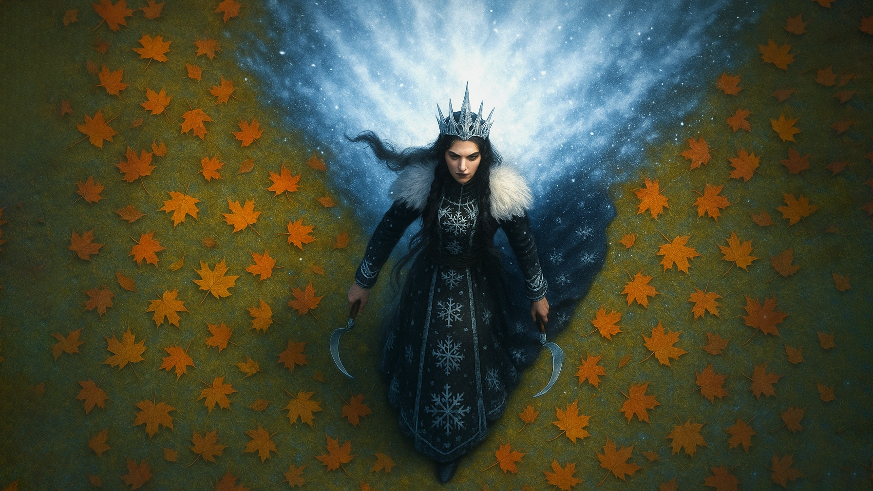 Богиня Мара в зимнем одеянии с серпом луны в руках