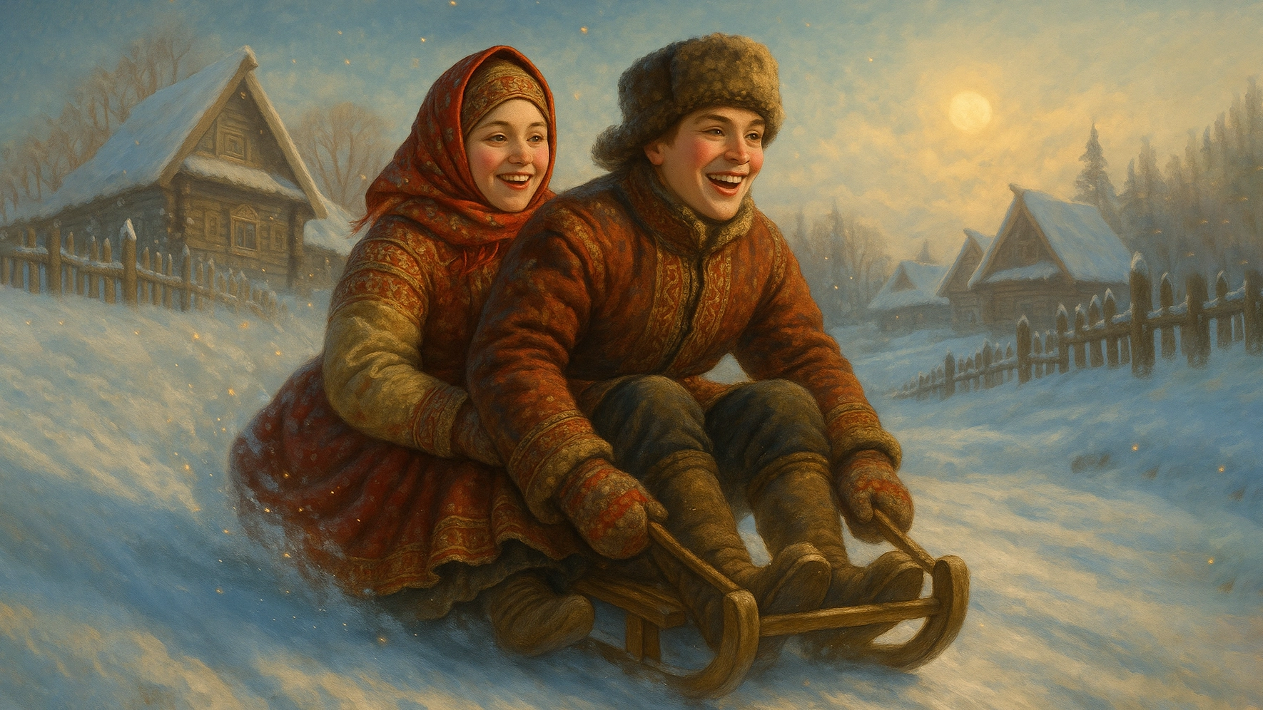 Молодые люди катаются на санях на праздник санница