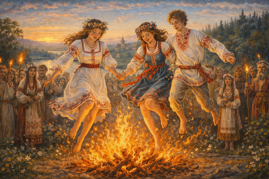 Прыжки через костёр на праздник Богини Живы &mdash; молодёжь перелетает через пламя