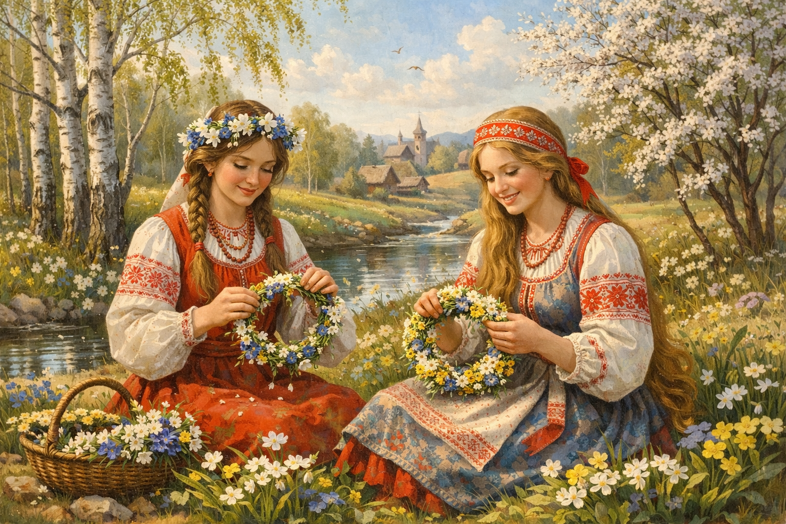 Девушки плетут венки из первых весенних цветов в канун праздника Богини Живы